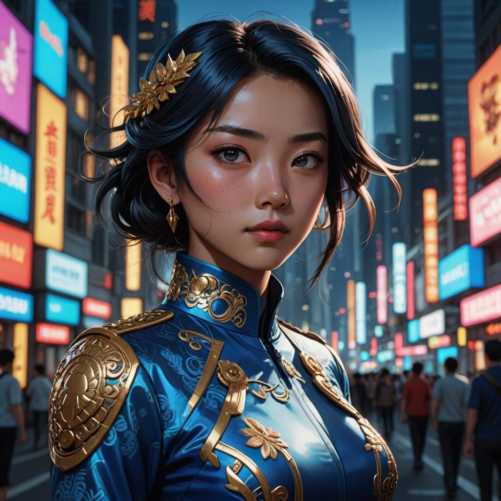 Cyberpunk Woman in Elegant Blue Qipao