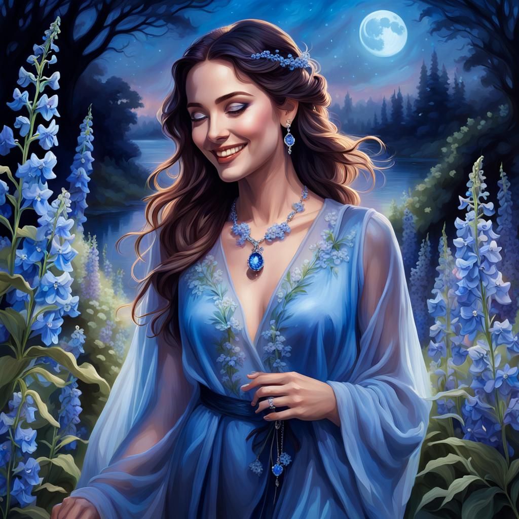 Ethereal Woman in Blue Moonlit Garden