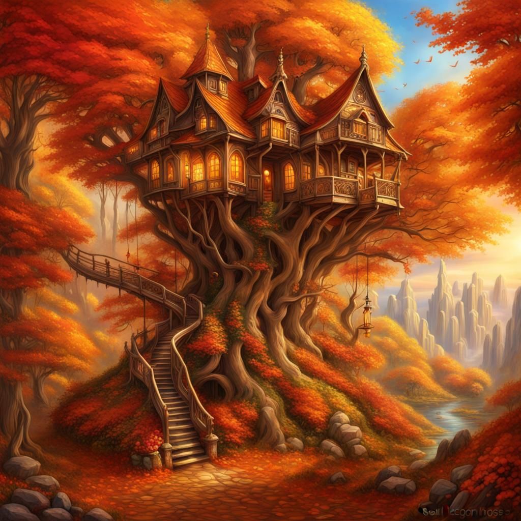 Autumn Kingdom Fae Treehouse in Fantasy Painting Style