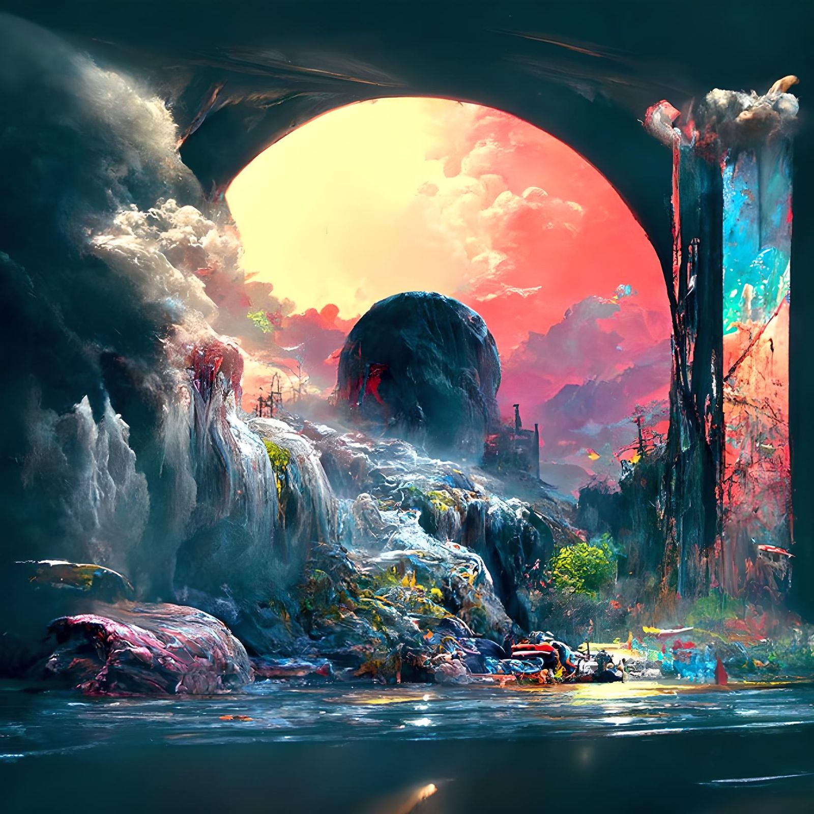 Neon River Landscape in Mystical Realism Style