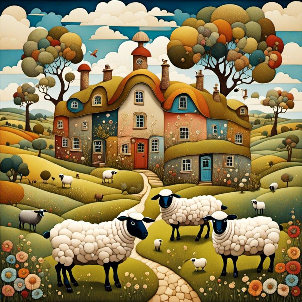 Patchwork Surreal sheep on a surrealist farmyard