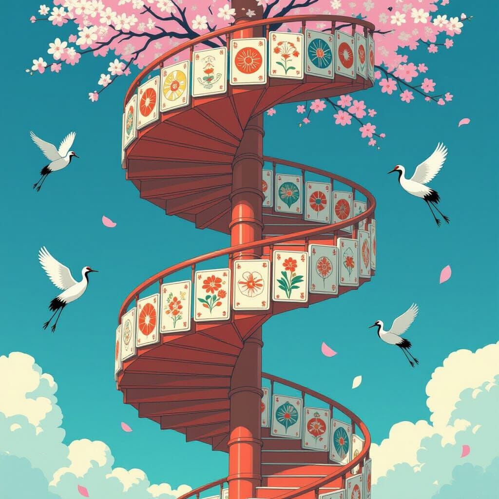 Hanafuda Card Staircase in Whimsical Anime Style