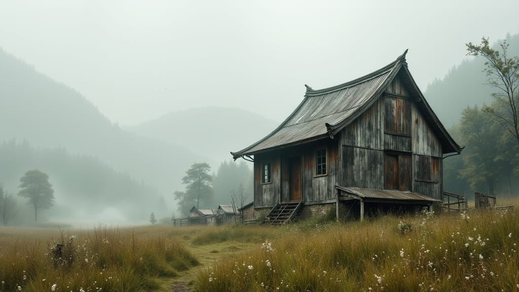 Solitary Chinese Farmhouse in Misty Meadow