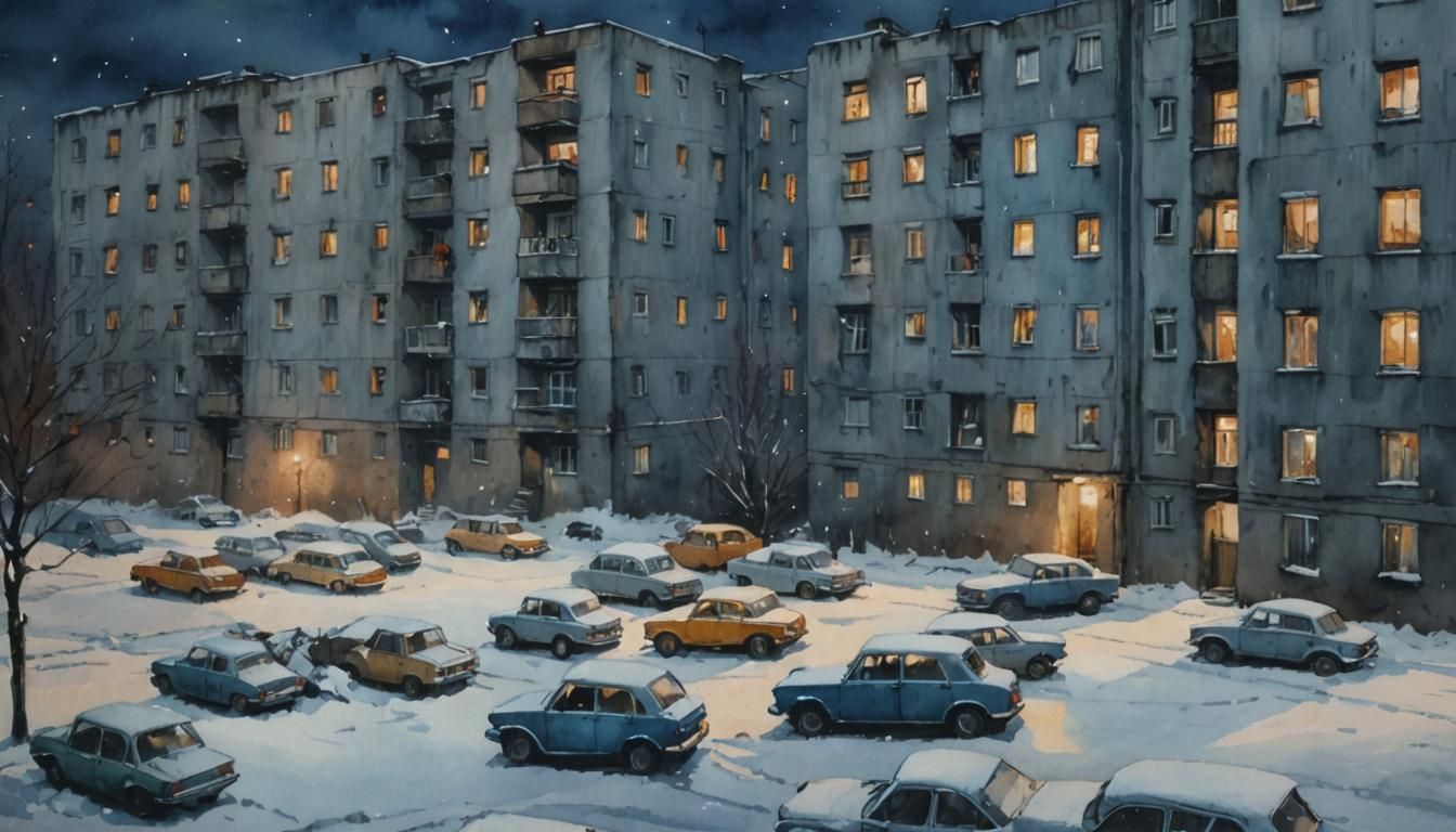 Soviet Winter Night Cityscape in Watercolor Style