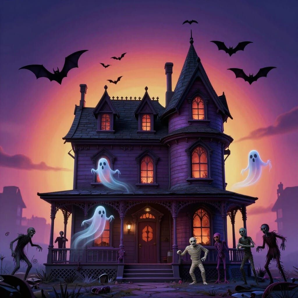 Gothic Mansion with Eerie Inhabitants in Pixar Style