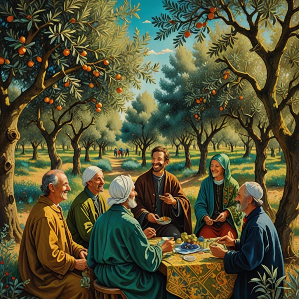 Man in Opulent Quilt Smiles in Enchanted Olive Grove
