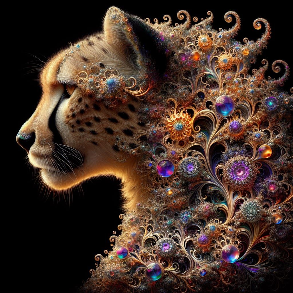 Golden Cheetah with Fractal Gemstones