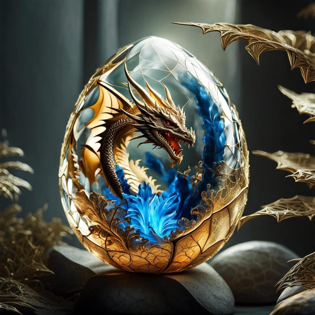 Dragon in Cracked Egg with Fractal Gold