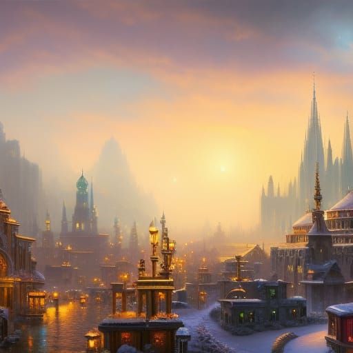 Christmas Metropolis in a Gurney-Inspired Oil Painting