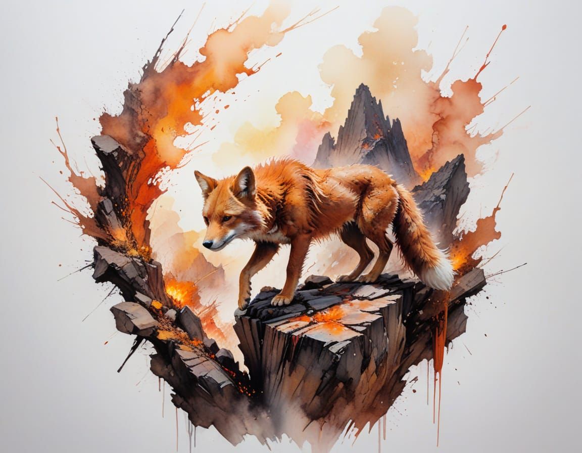Dhole Leaps Volcanic Chasm at Sunrise, Watercolour Style