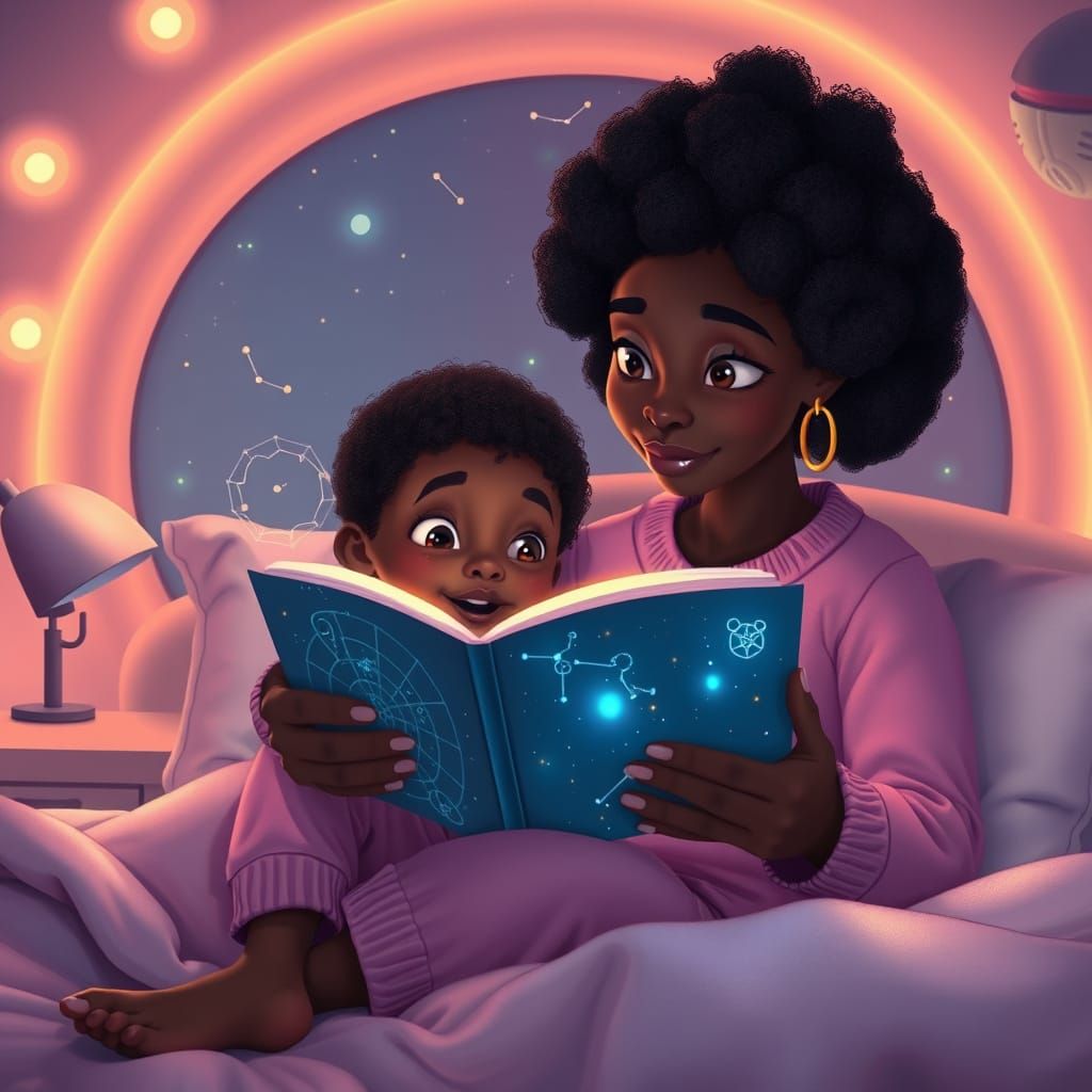 Futuristic Bedtime Story with Pixar-Style Mother and Child