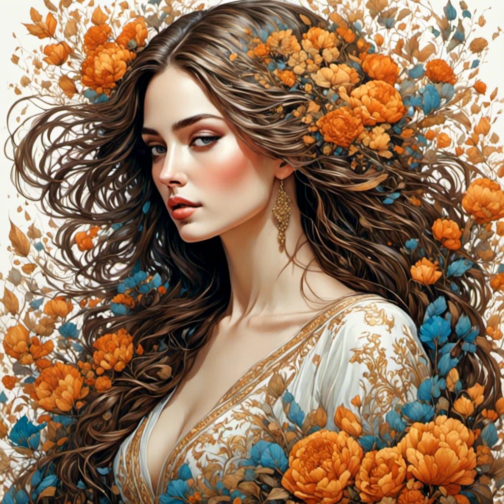 Hand-Drawn Woman with Flowers in Coloring Book Style