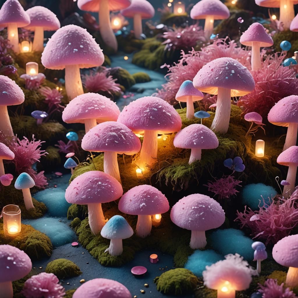 Pink Mushroom Fantasy Art with Tea Lights