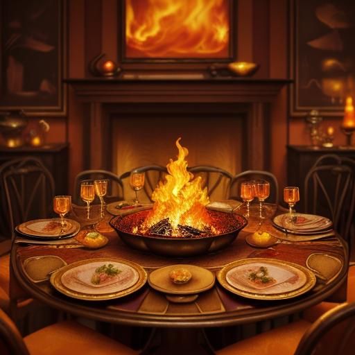 Fiery Surrealist Dinner Party in Dreamlike Style