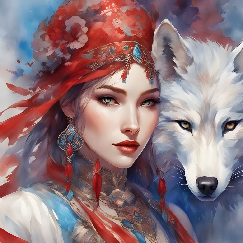 Watercolor Portrait of a Beautiful Wolf Woman