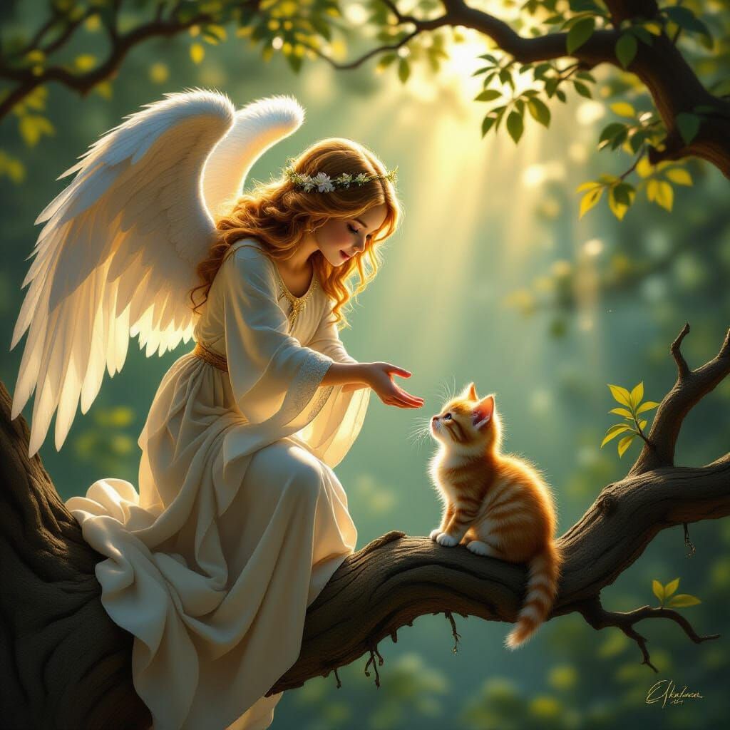 Guardian Angel Protects Kitten in Tree, Digital Painting