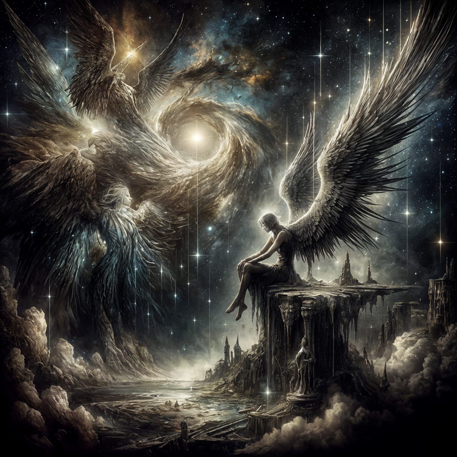 Fallen Angel on Cosmic Throne, Starlight Wings, Dark Fantasy...