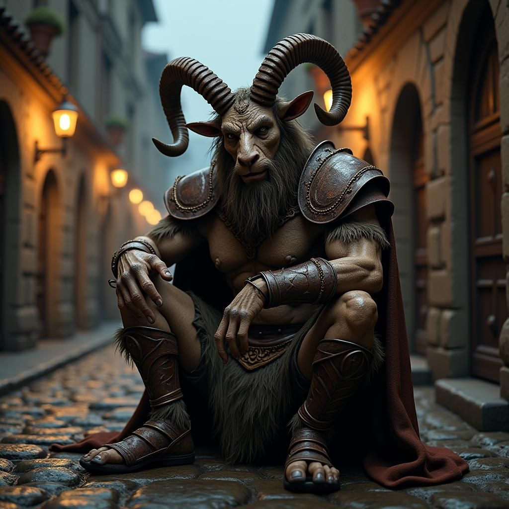 Gladiator Satyr in Medieval City: Cinematic Photorealism