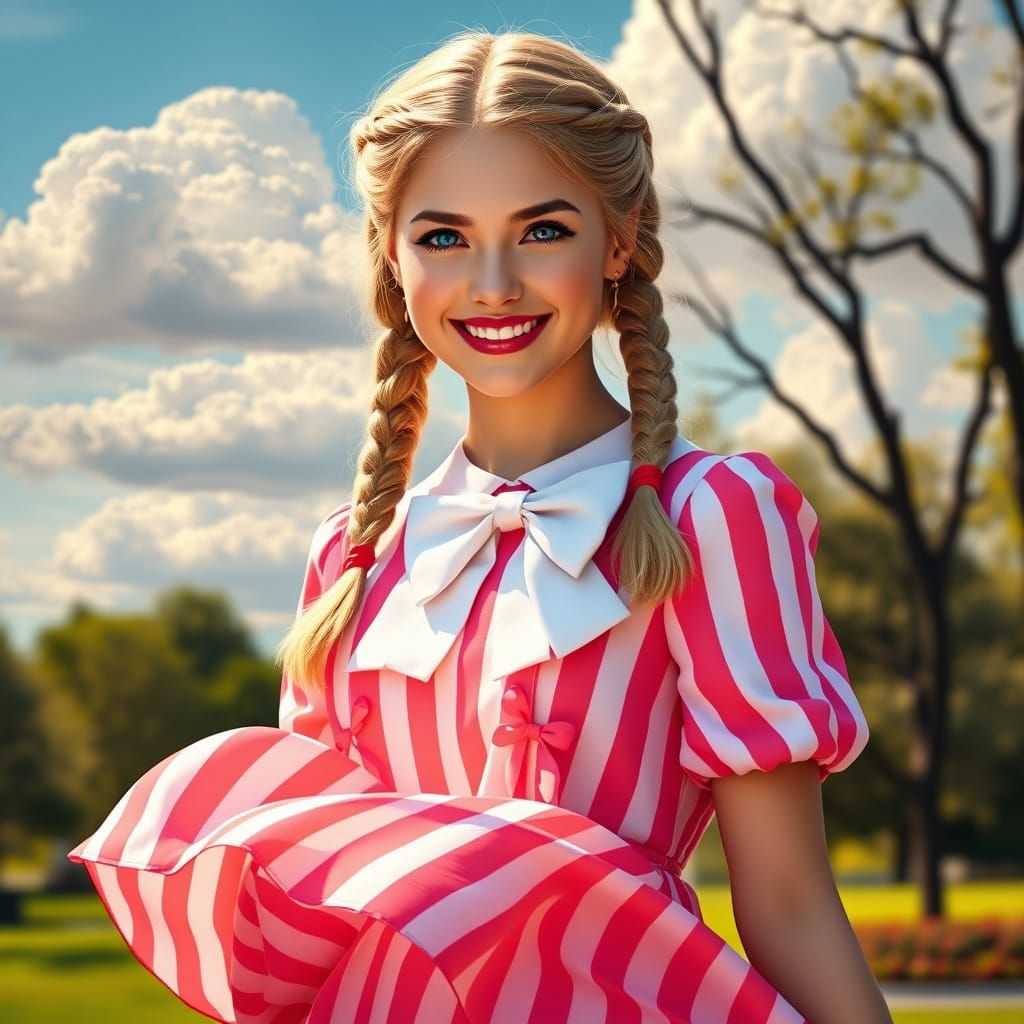 Stunning Woman in Vibrant Pink Dress with White Stripes