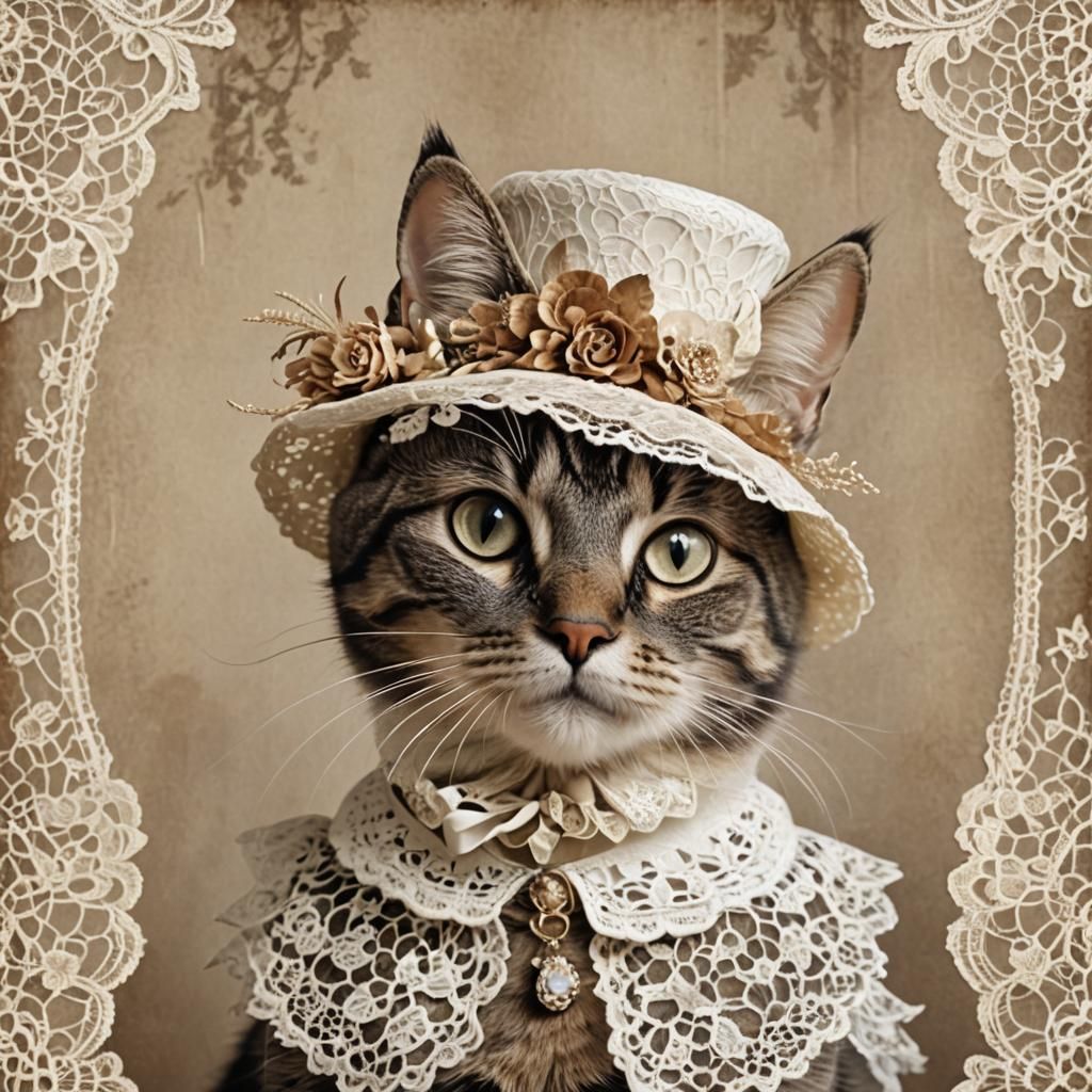 Cat in Fancy Lace Hat and Collar