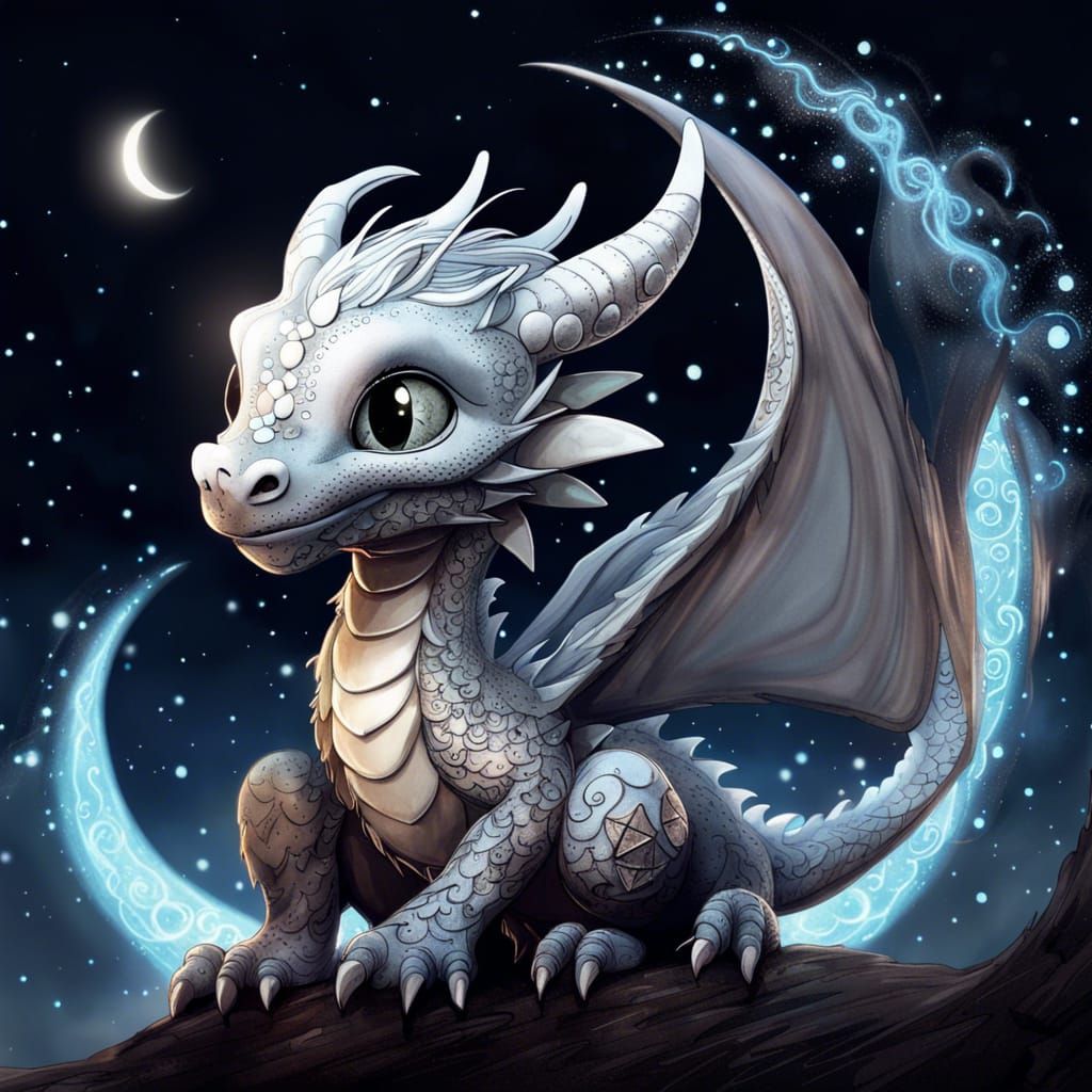 Grey Moon Dragon Amidst Swirling Stars