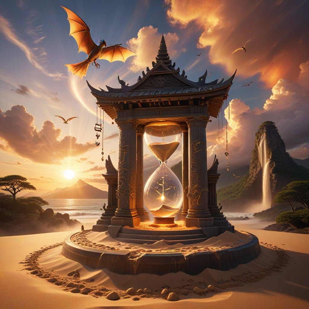 Enchanted Celestial Sand Clock with Dragons and Waterfalls