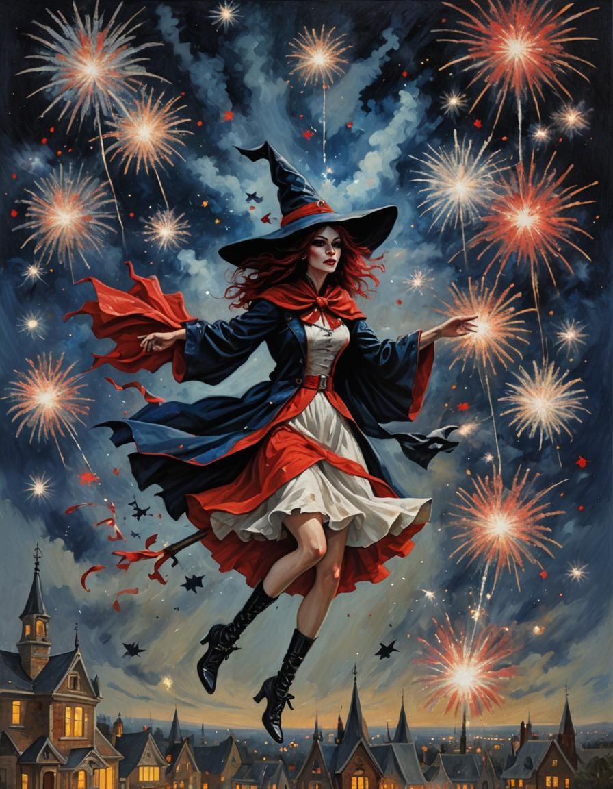 Gothic Witch Soaring Through Starry Fireworks Night