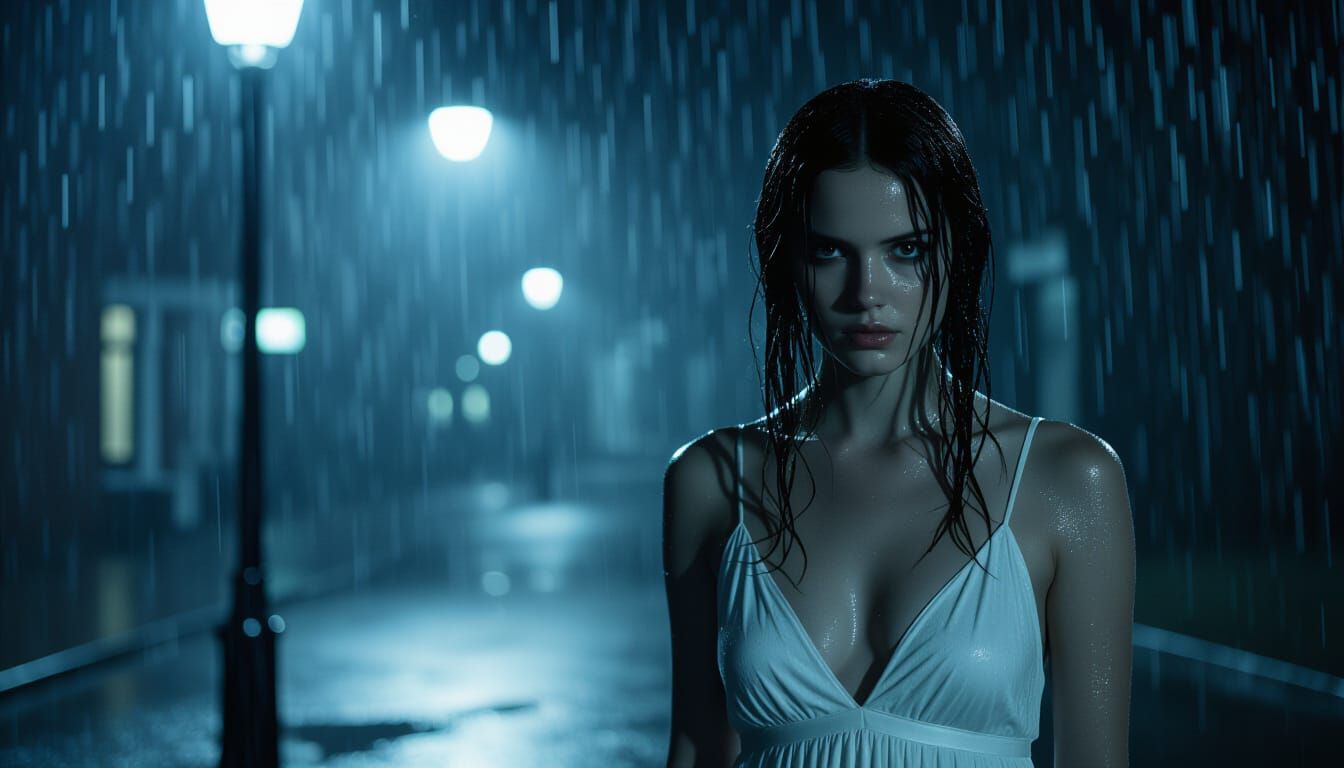 Eerie Woman in White Dress Under Streetlamp