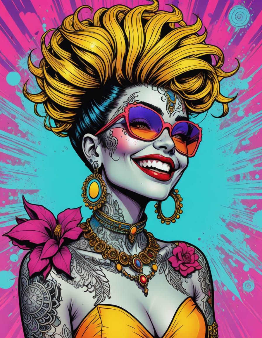 Vibrant Comic Beauty with Ornate Tattoos and Bold Lines