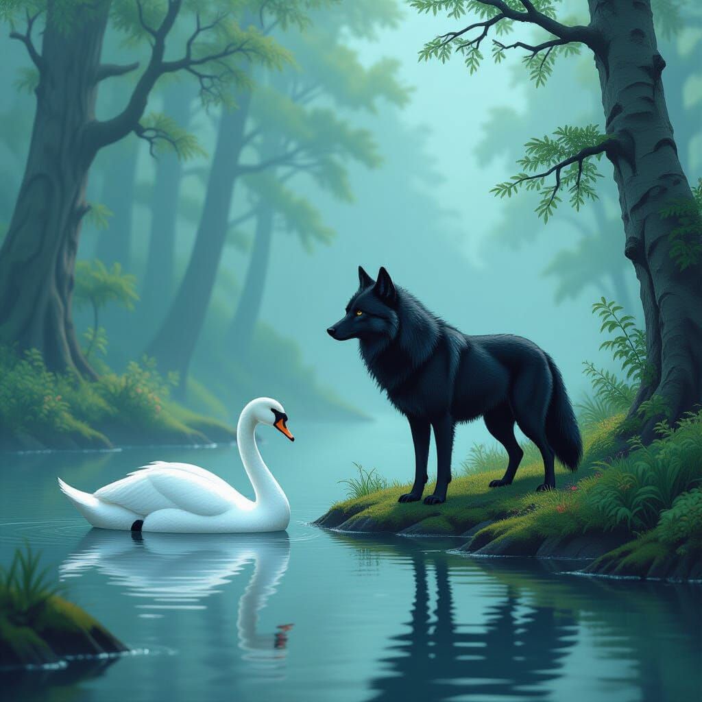 Black Wolf and White Swan on Misty Lake