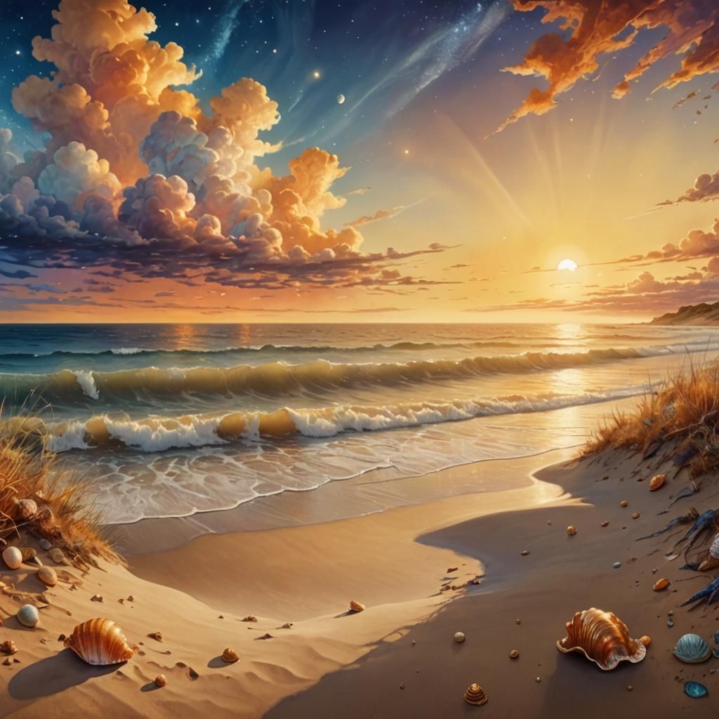Cosmic Surrealism: Amber Shore Under Astral Sky