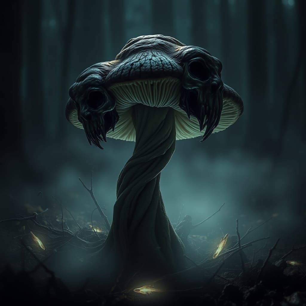 Grotesque, Twisted Mushroom Rises from the Damp, Mist-Shroud...