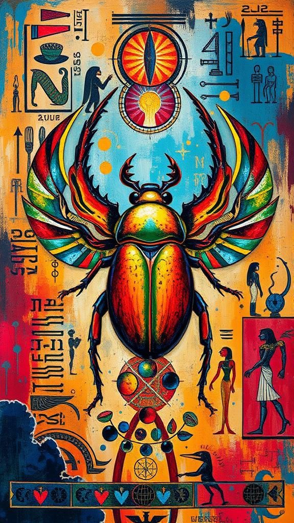 Vibrant scarab beetle amidst ancient Egyptian hieroglyphics,...