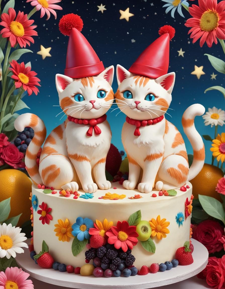 Artistic Cat Cake with Cats in Hats: Candy Art