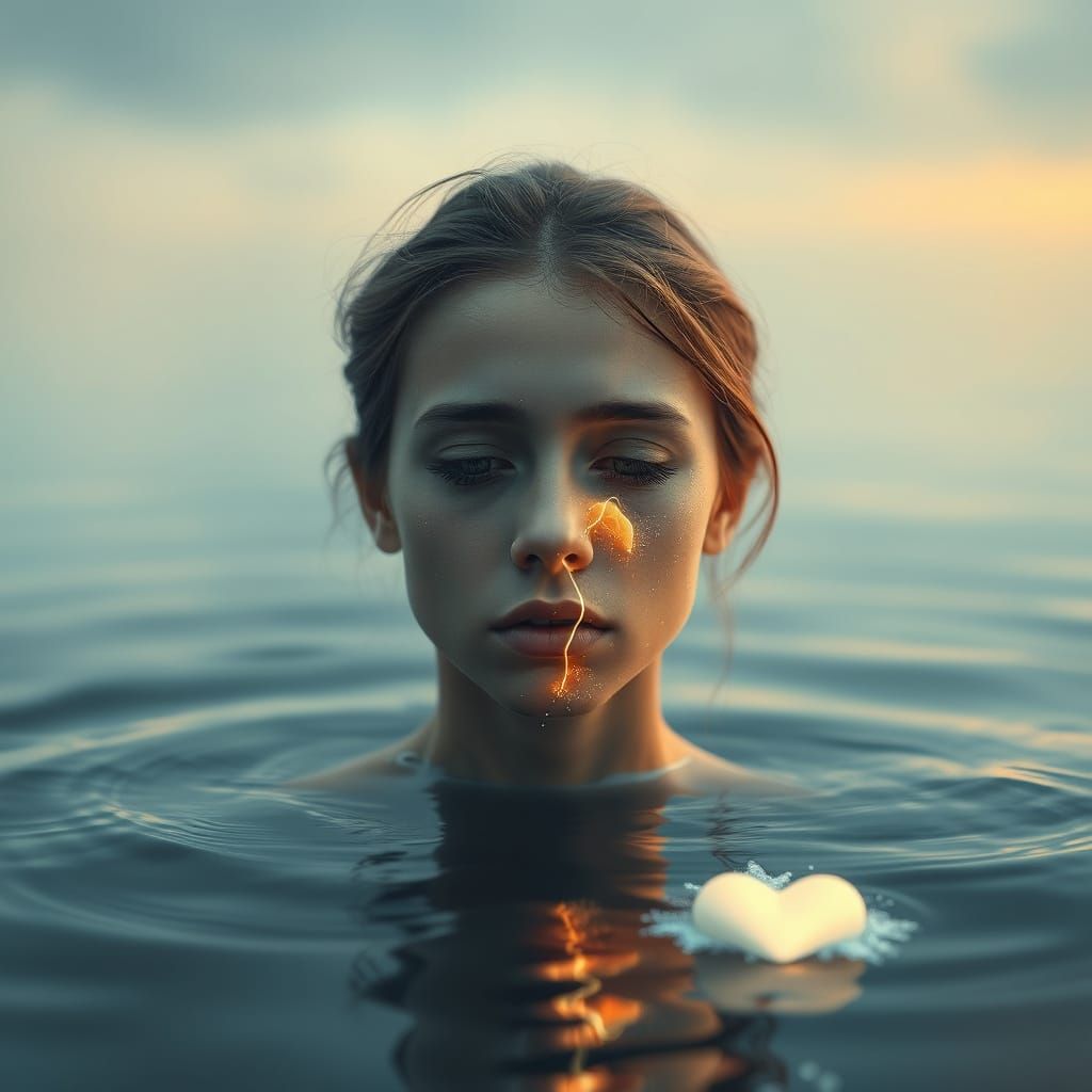 Ethereal Melancholy: Heart Radiates Light Amidst Sorrow