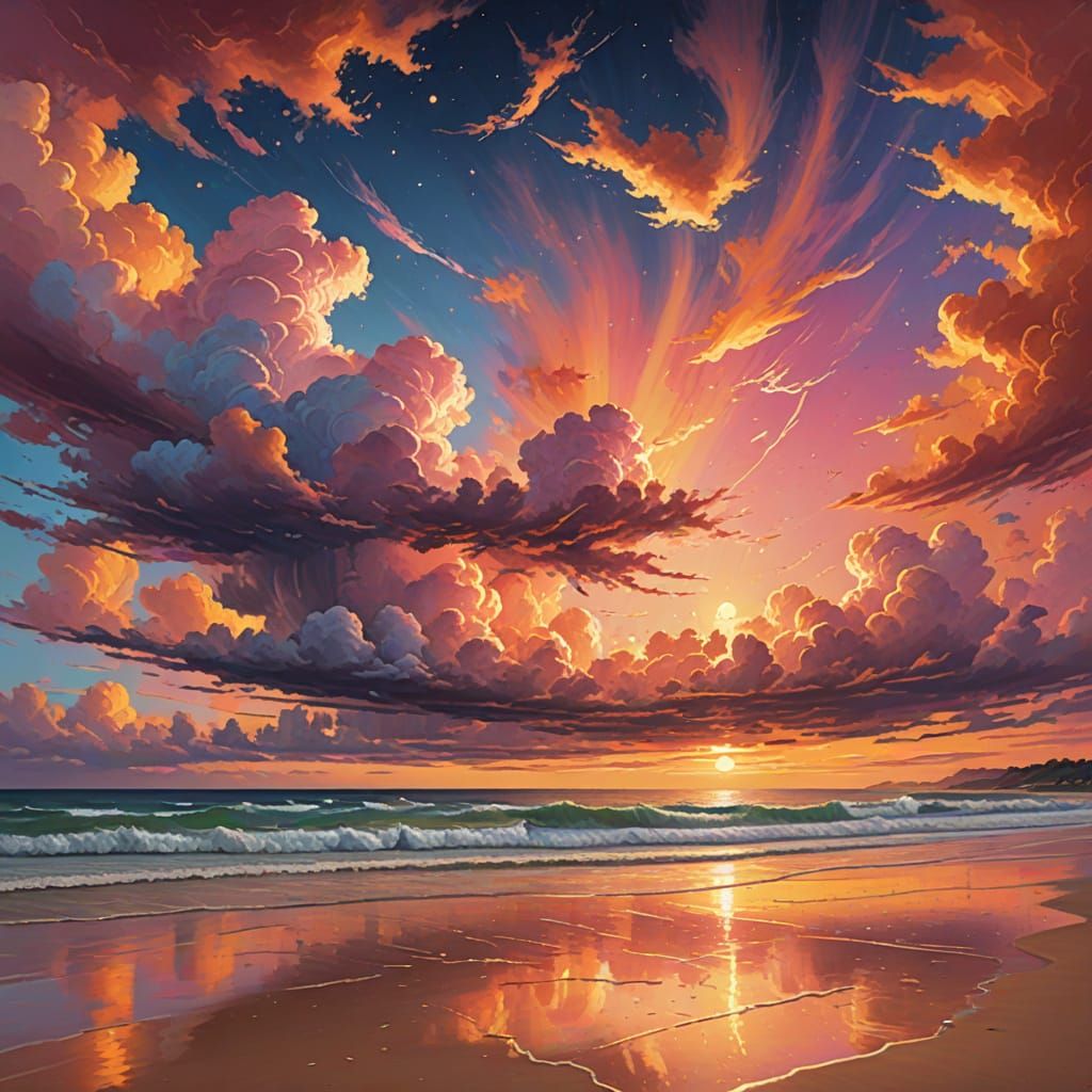 Vibrant Oil Painting of Sunset over Majestic Beach Skyscape