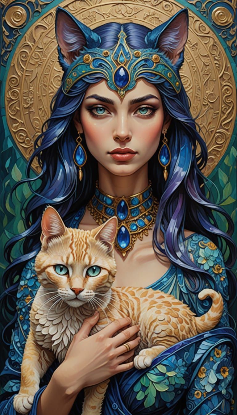 Egyptian Goddess Bastet in Post-Impressionist Oil Painting S...