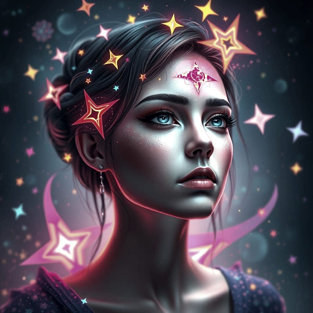 A vibrant, dreamlike portrait of a woman with mesmerizing features, surrounded by colorful stars and abstract shapes, cr...