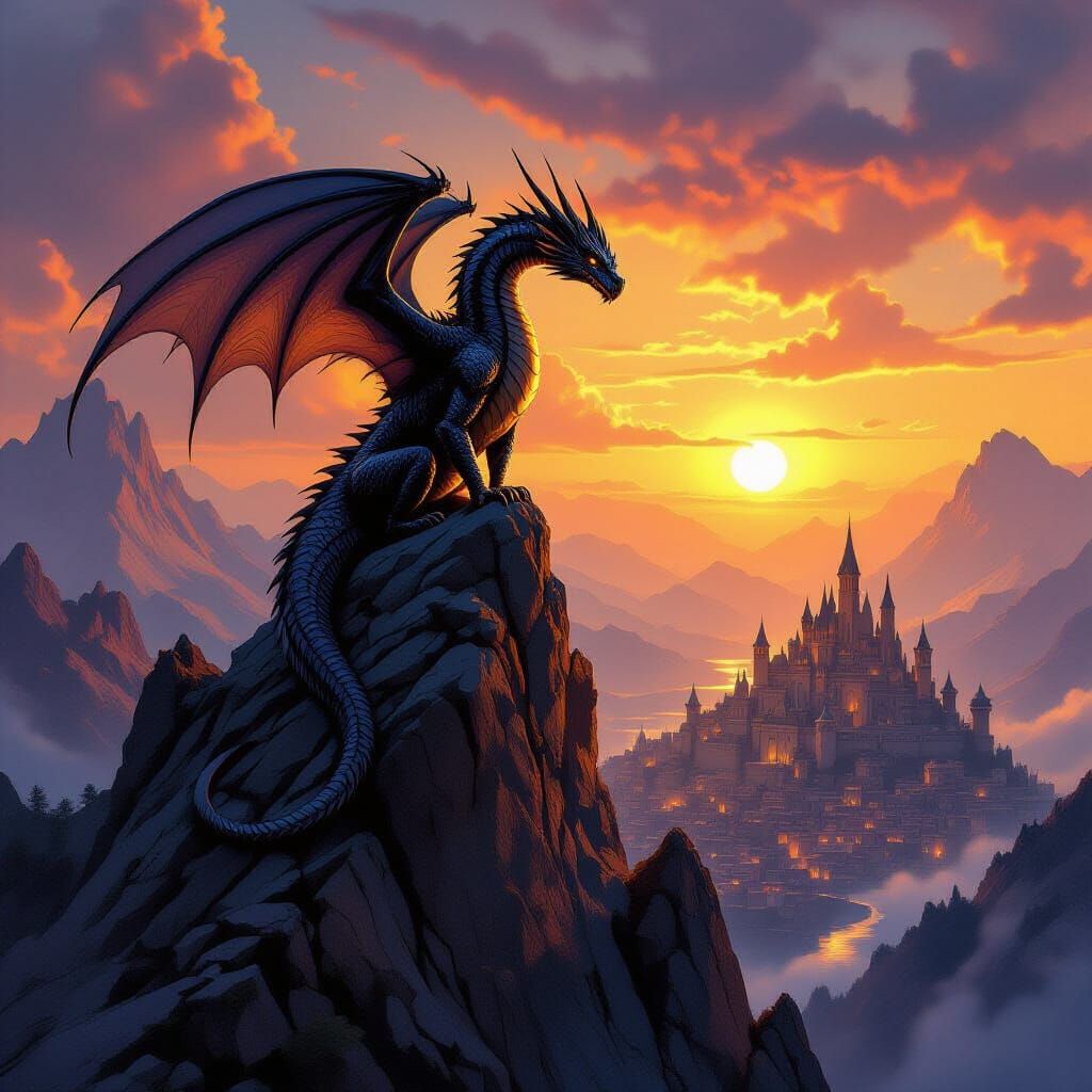 Majestic Dragon Over Medieval City at Sunset