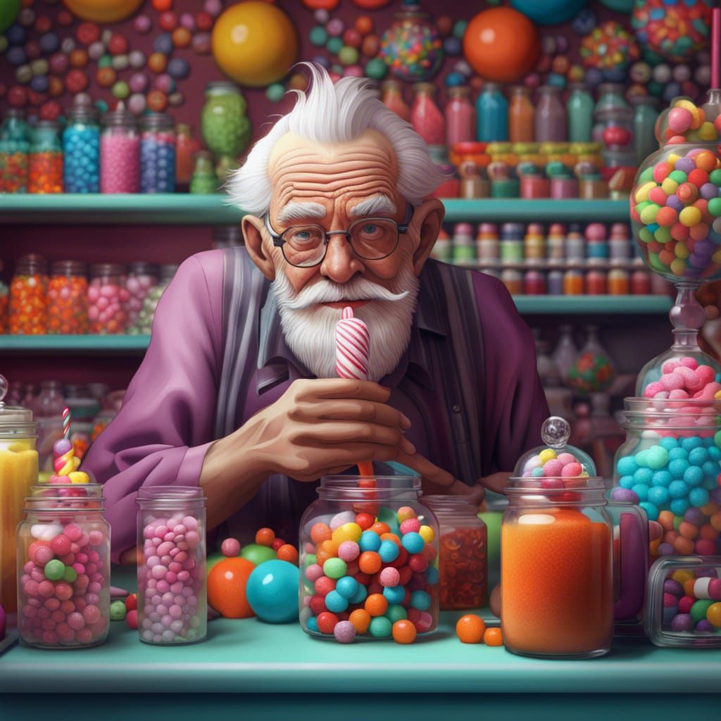 Whimsical Candy Shop with Old Man, Hyperdetailed Painting