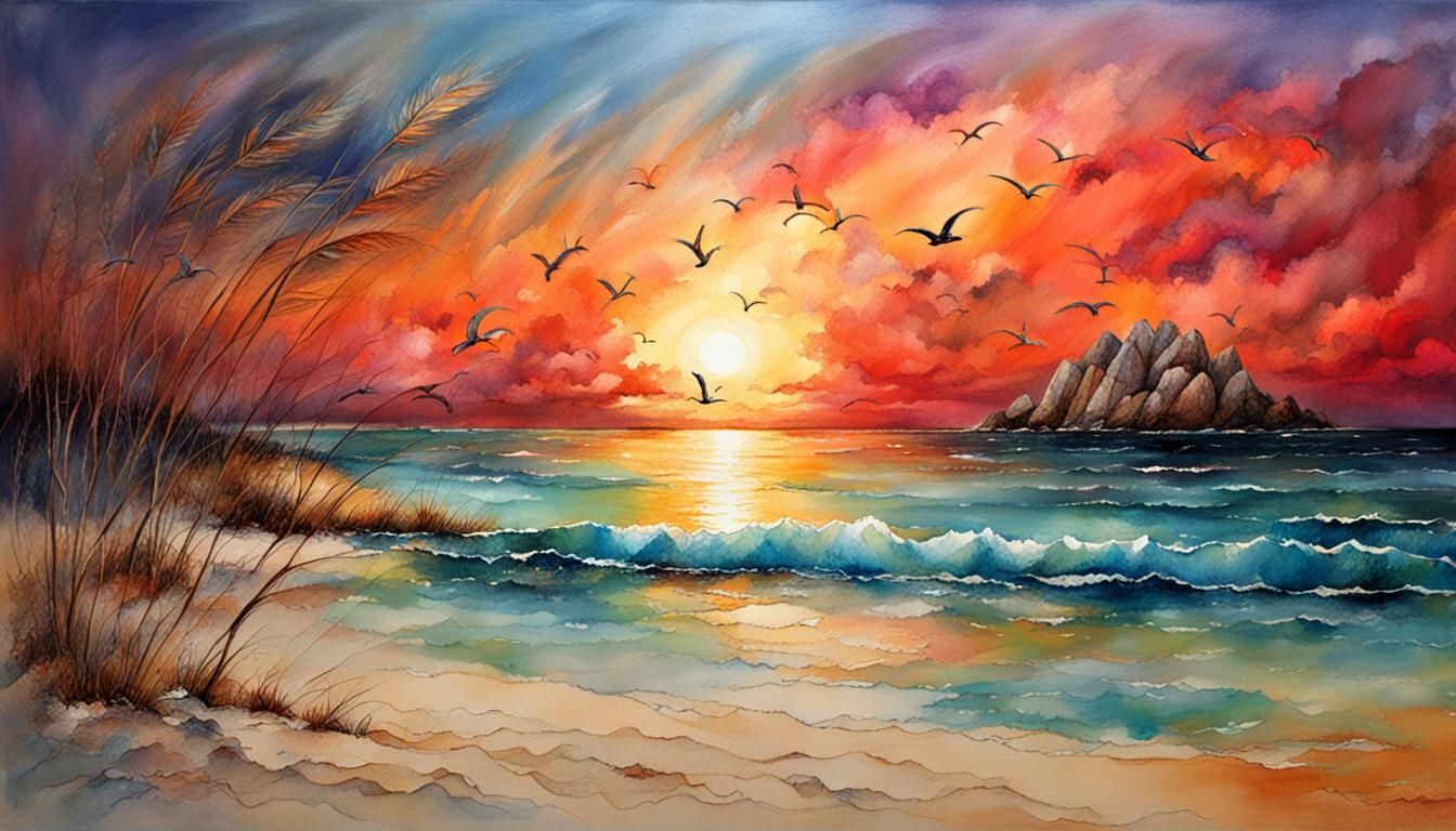 Mystical Sunset Beach Scene in a Surreal Style