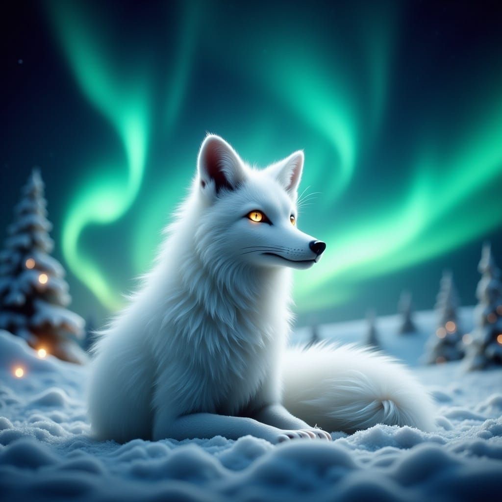 White Fox at North Pole with Northern Lights
