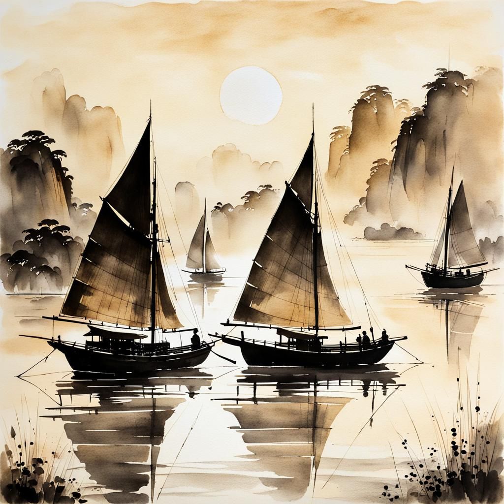 Chinese Junk Sailboats in Muted Ink Painting