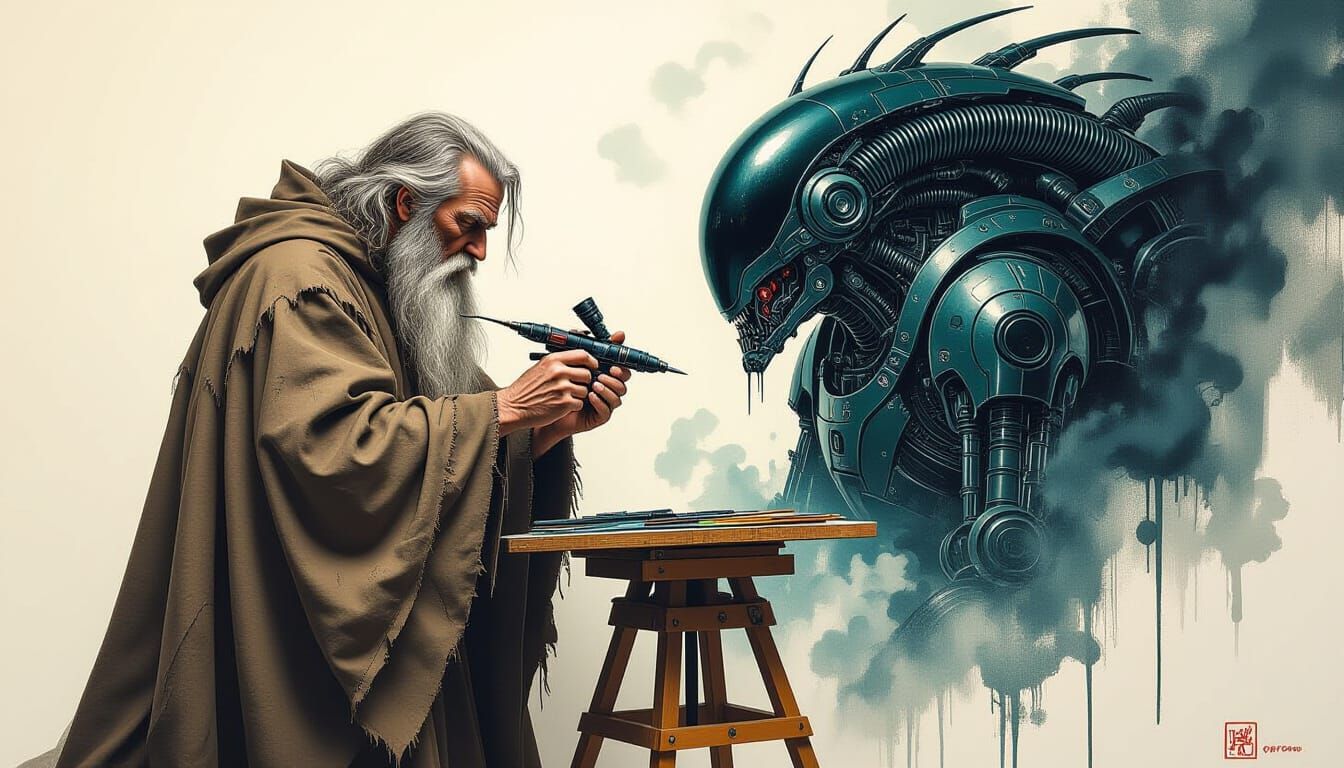 Wizard Artist Painting Biomechanical Scene