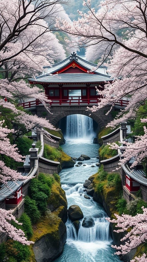 Ancient Japanese Temple Bridge in Cherry Blossom Awe
