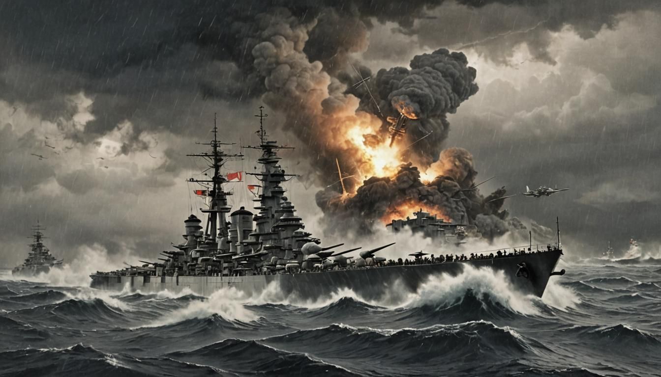 Battleship Yamato Confronts Storm off Japanese Coast