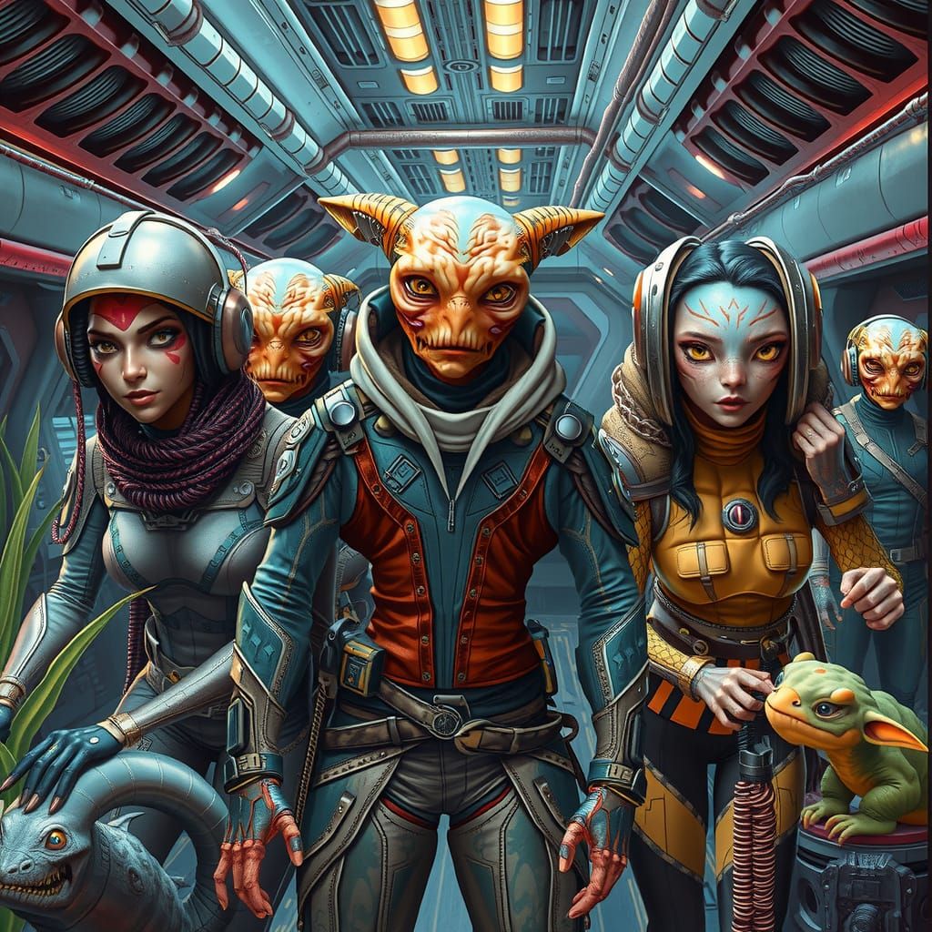Alien Explorers in Steampunk Spaceship, Photorealistic Style