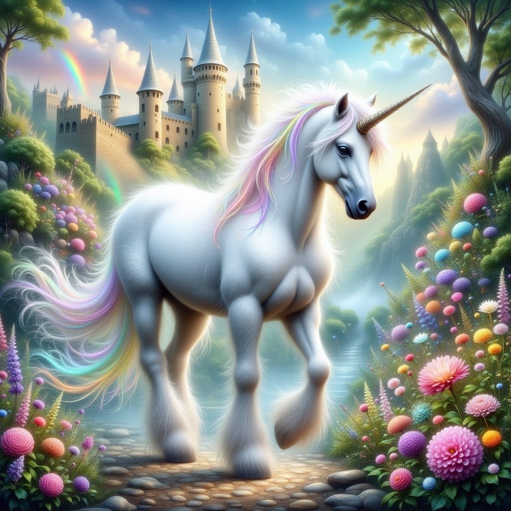 Ethereal Unicorn in Whimsical Castle Landscape