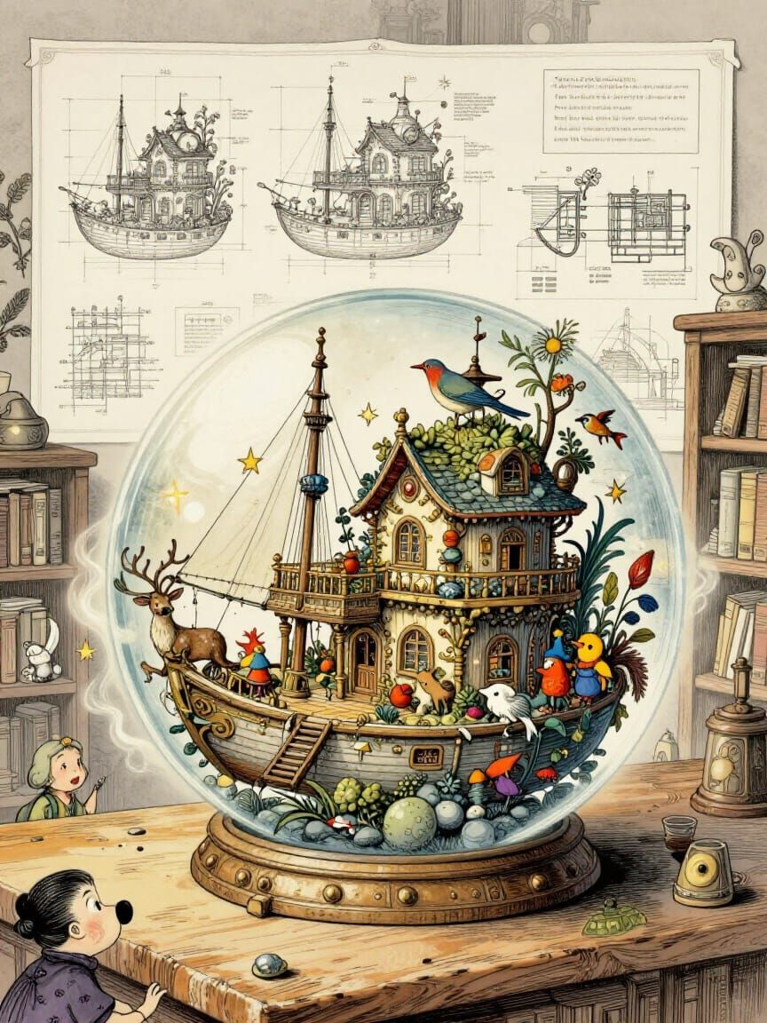 Fantastical Medieval Eco-Houseboat in Glass Orb