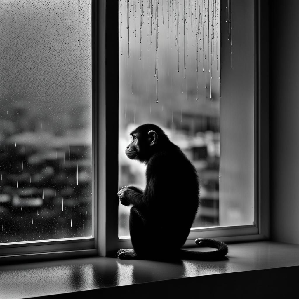 Lonely Monkey Gazing at Rainy Sunset: Monochromatic Art